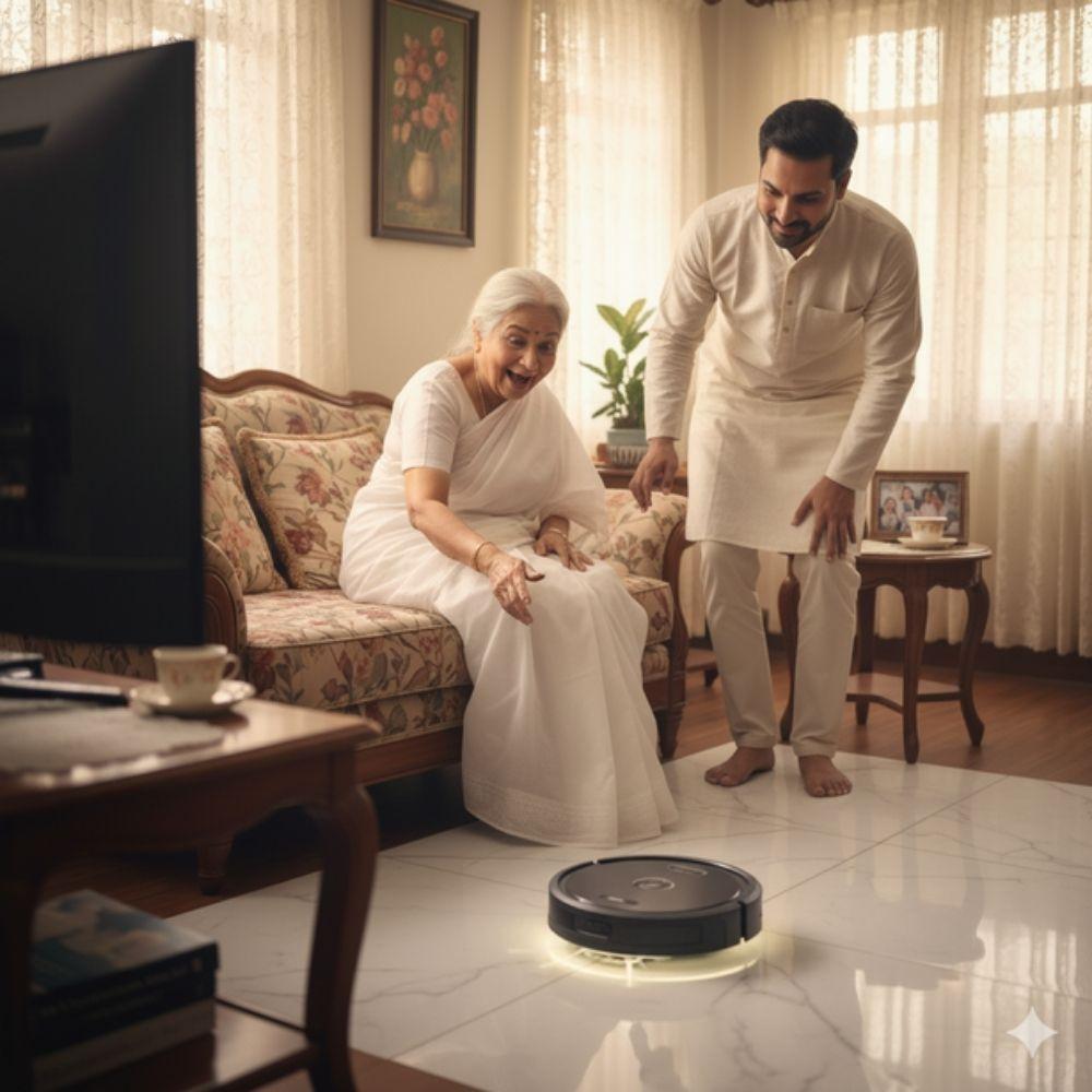 a happy family watching Airrobo p20 robot vacuum cleaner in bd 2025 a happy family watching Airrobo p20 robot vacuum cleaner in bd 2025